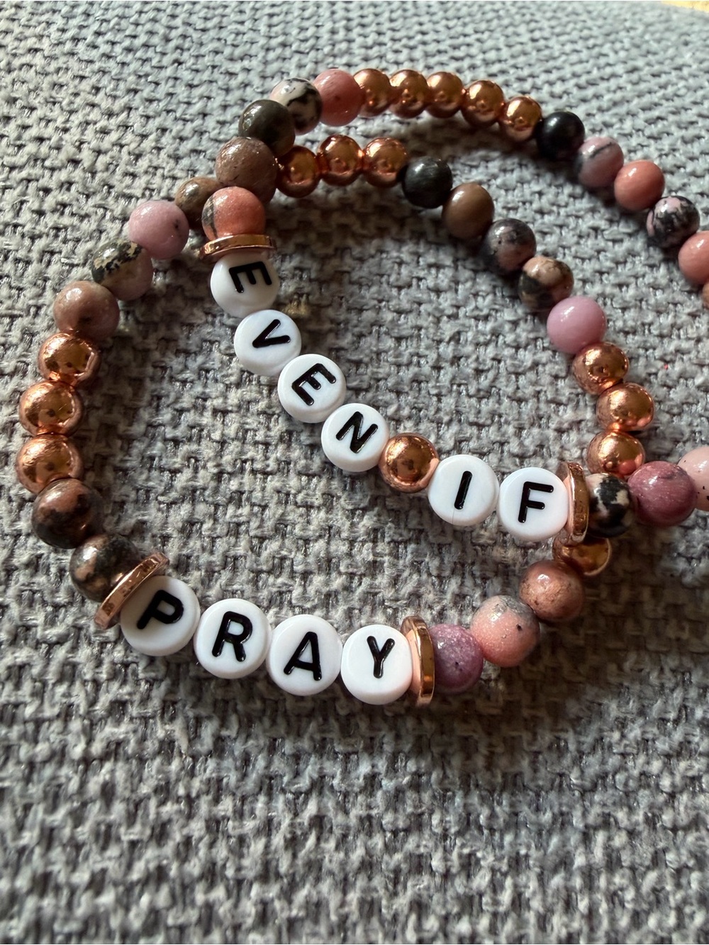 {Handmade} Pink and Rose Gold Bracelet Set with “Even If Pray”